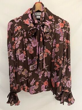 Vintage Randolph Duke Silk Brown Floral Long Sleeve Button Up Blouse Size 10